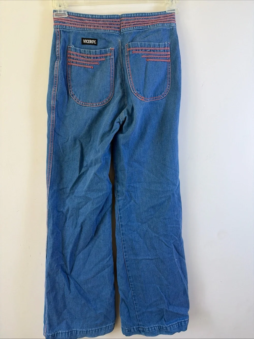 Vtg Viceroy Bell Bottom Jeans Womens Wide Leg Flare Orange Contrast Stitch Denim
